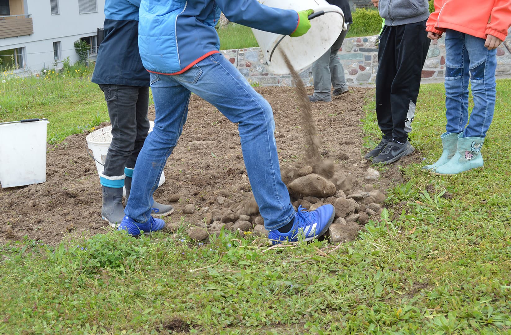Ein kleiner, aber dank der fleissigen Schüler:innen wachsender Lesesteinhaufen am Rand der Wiese.