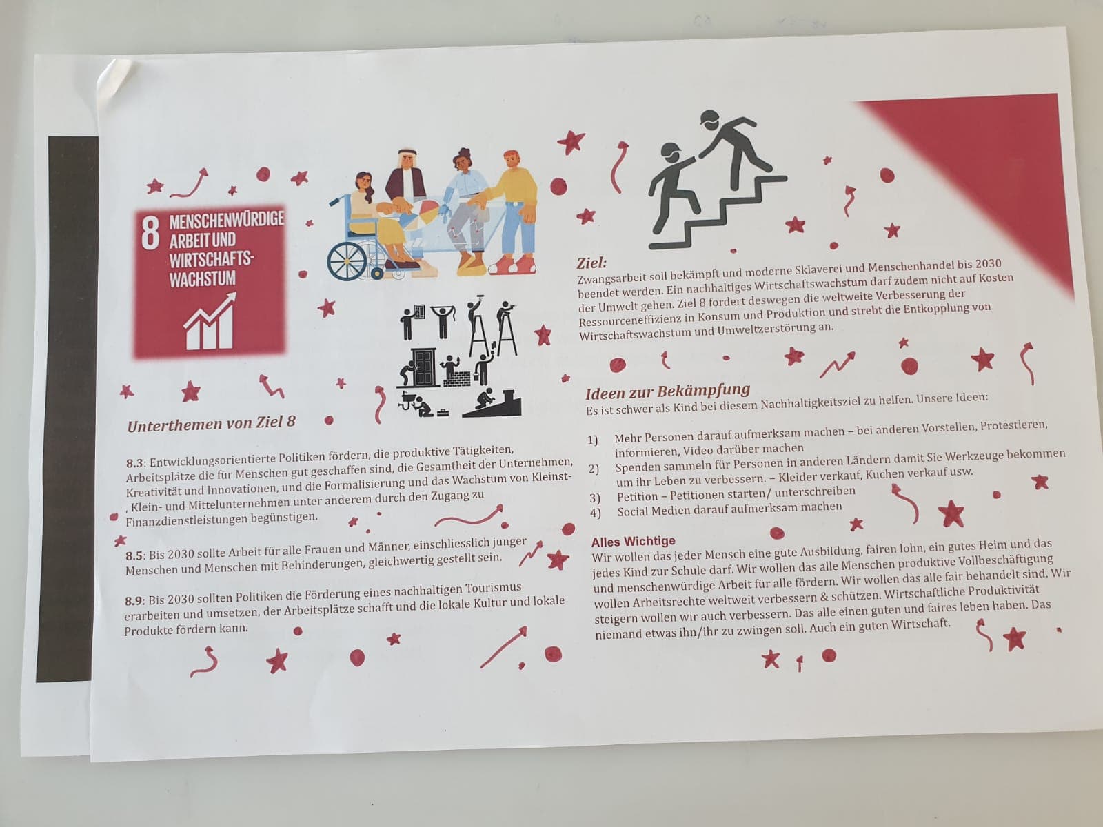 Plakat mit Informationen rund um das  SDG 8 von einer Schülergruppe ausgearbeitet.