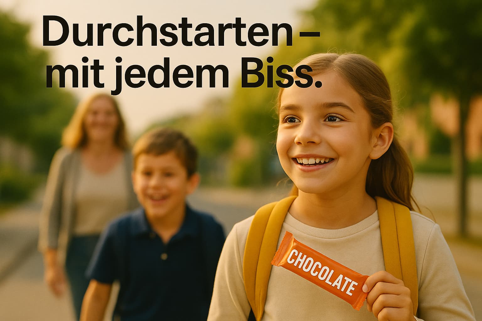 Ein fröhliches Mädchen und ein lachender Junge auf dem Schulweg, eine Schokolade in der Hand.